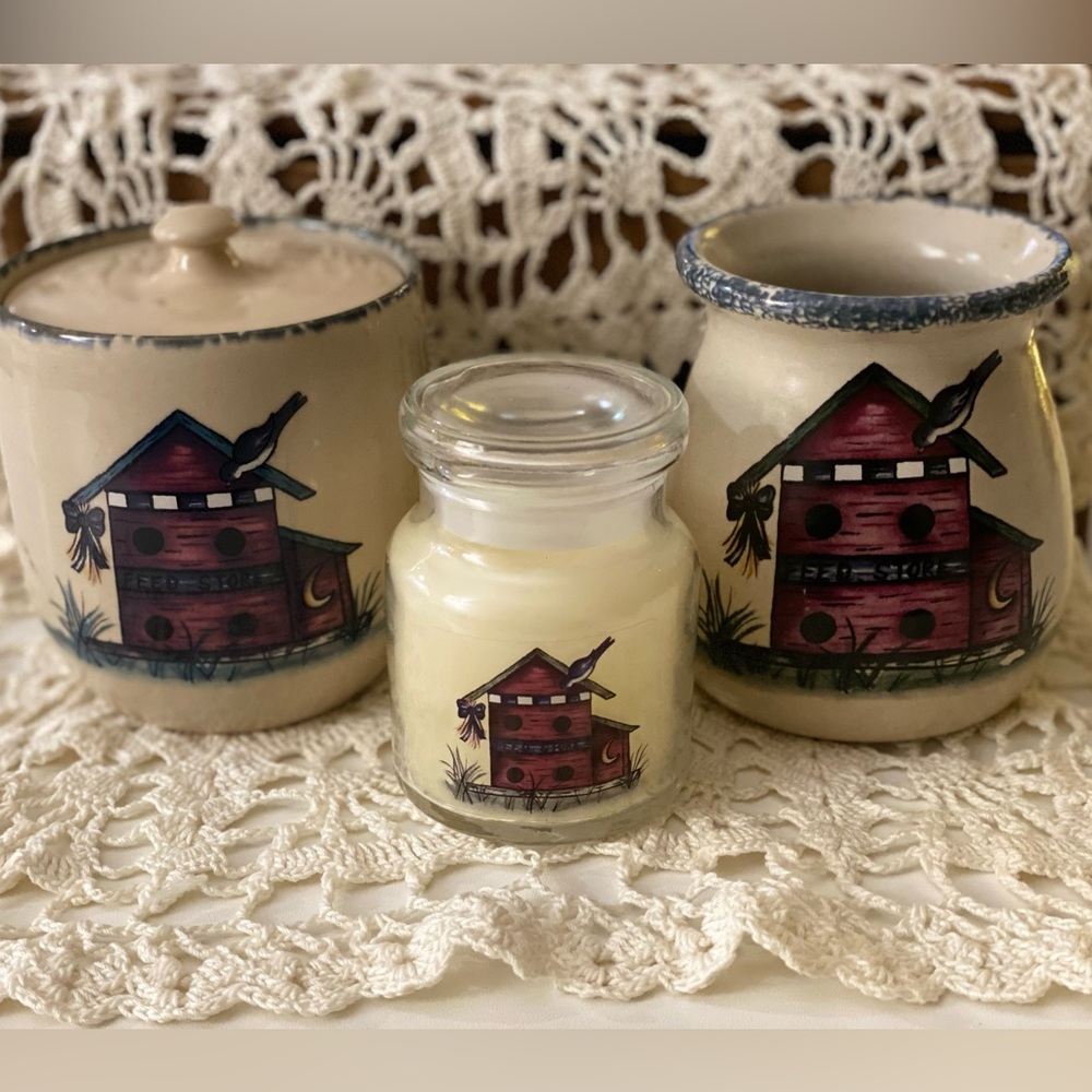 Home and Garden Party Stonewear Cream Ceramic Canister Set with Birdhouse Design